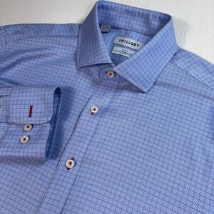Twillory Non-Iron Dress Shirt Mens 16-34/35 Blue Grid Plaid Safe Cotton Tailored